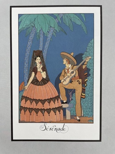 George Barbier (1882-1932) one of the most highly regarded illustrators Art Deco movement.: "Serenade. Mexico XIX century" Cover page G.Barbier almanac "Falbalas et Fanfreluches"1924. Published by Meynial, Paris. E.615-1954. Barbier's works for these magazines characteristically elegant, ult