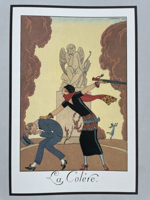 "Anger". GEORGE BARBIER (1882-1932).: Color illustration "Anger",1924, of high quality printing (size 21x14cm) based on papier mache (size 38x28cm). GEORGE Augustin BARBIER (1882-1932) - one of the great French illustrations books&haute c