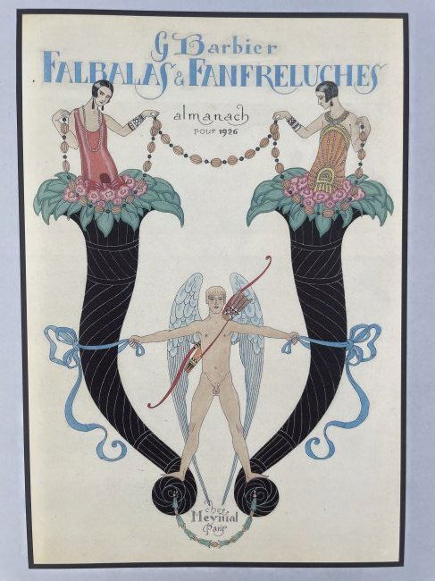 GEORGE BARBIER (1882-1932).: The cover of "Falbalas and Fanfreluches" almanac for 1926 at Meynial Paris. Georges Augustin Barbier was one of the great French illustrators of the early 20th century. In 1911, 29 years old he mounte