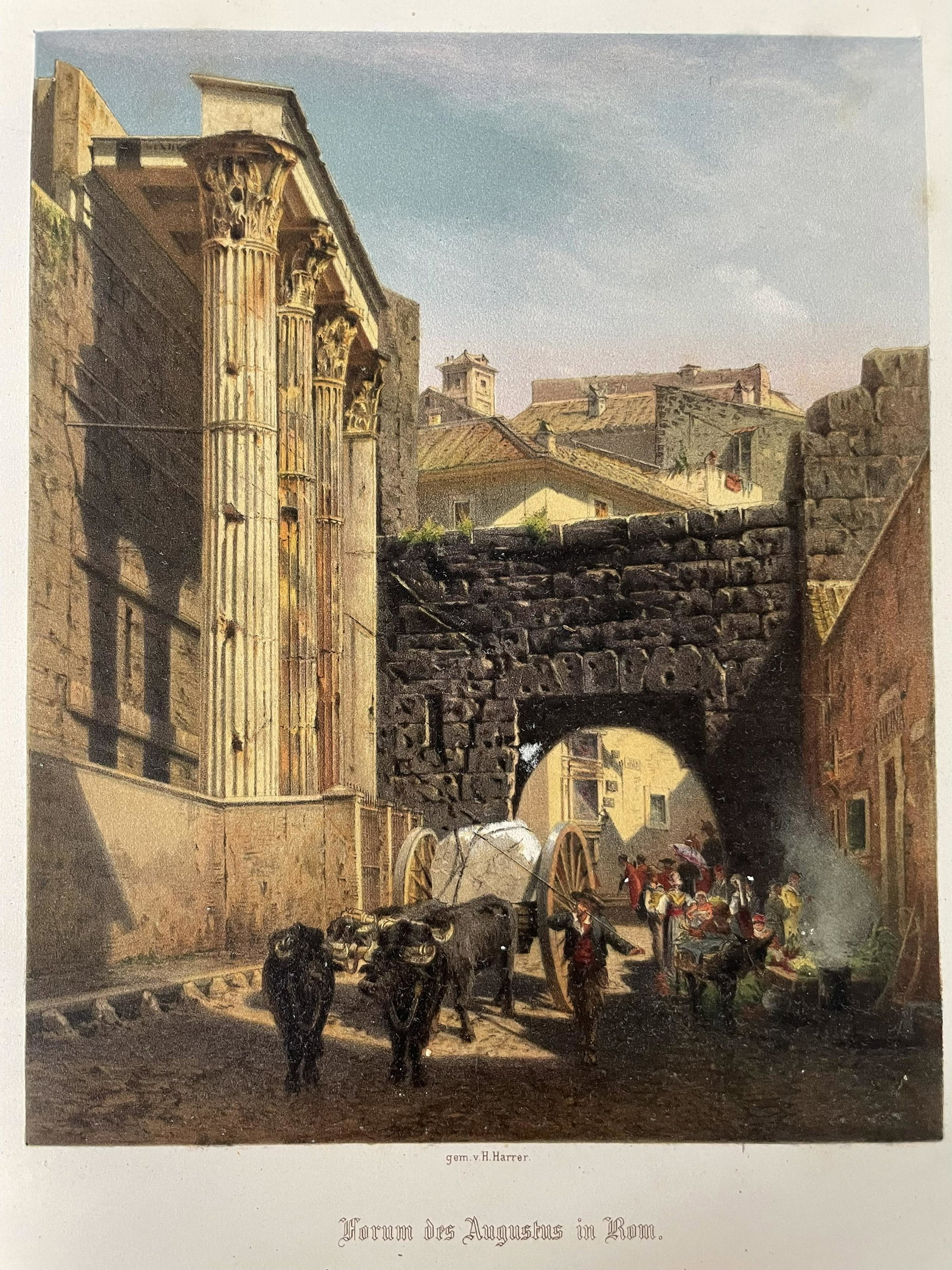 Forum of Augustus Rome by Hugo Harrer , Color Lithography: Original Lithography from 1870s