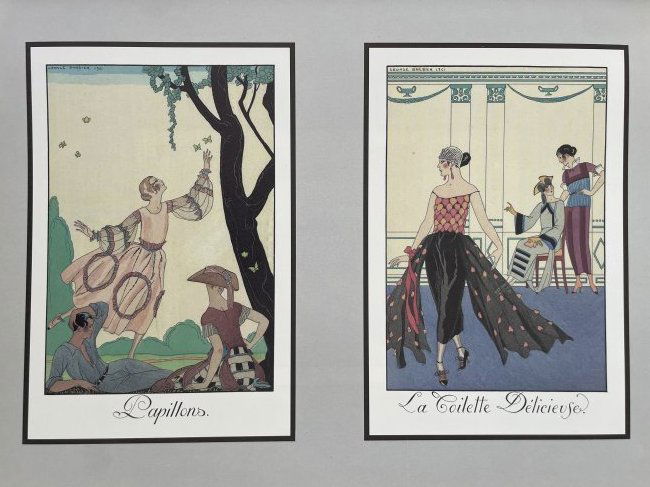 George Barbier one of the great illustrator of the early 20th century.: Two color illustrations of the highest quality printing (size 21x14cm) based on papier mache (size 38x28cm). Georges Augustin Barbier (1882-1932) one of the most highly regarded illustrators Art Deco