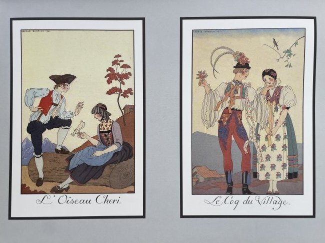 Art Deco illustration George Barbier.: Two color illustrations of the highest quality printing (size 21x14cm) based on papier mache (size 38x28cm). Georges Augustin Barbier (1882-1932) one of the most highly regarded illustrators Art Deco