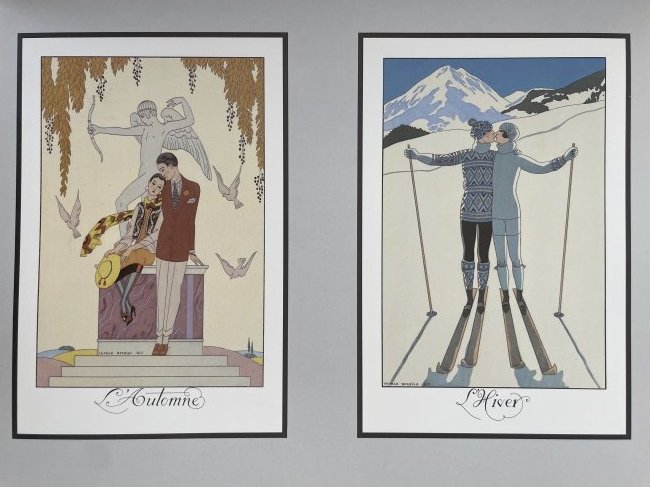 George Barbier one of the great fashion illustrator of the early 20th century.: Two color illustrations of the highest quality printing (size 21x14cm) based on papier mache (size 38x28cm). Georges Augustin Barbier (1882-1932) one of the most highly regarded illustrators Art Deco