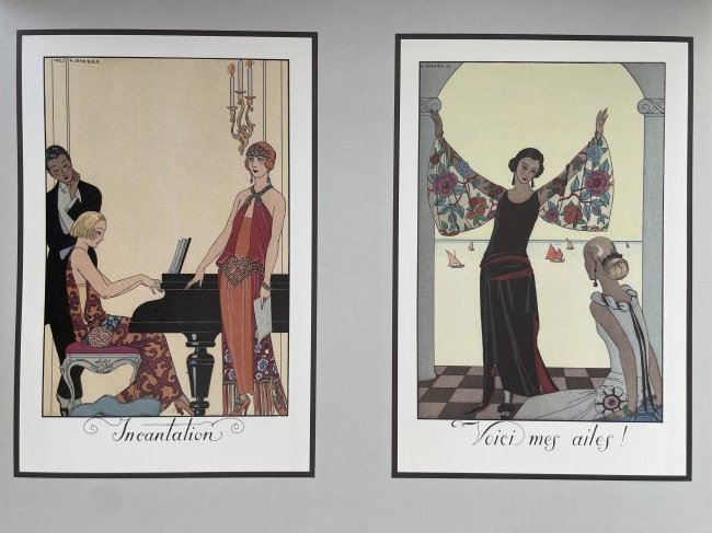 Art Deco illustretion George Barbier.: Two color illustrations of the highest quality printing (size 21x14cm) based on papier mache (size 38x28cm). Georges Augustin Barbier (1882-1932) one of the most highly regarded illustrators Art Deco
