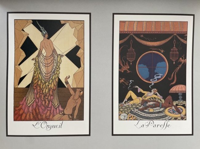 "Pride". "La Pareffe". Art Deco sensual illustrations George Barbier.: Two color illustrations of the highest quality printing (size 21x14cm) based on papier mache (size 38x28cm). Georges Augustin Barbier (1882-1932) one of the most highly regarded illustrators Art Deco