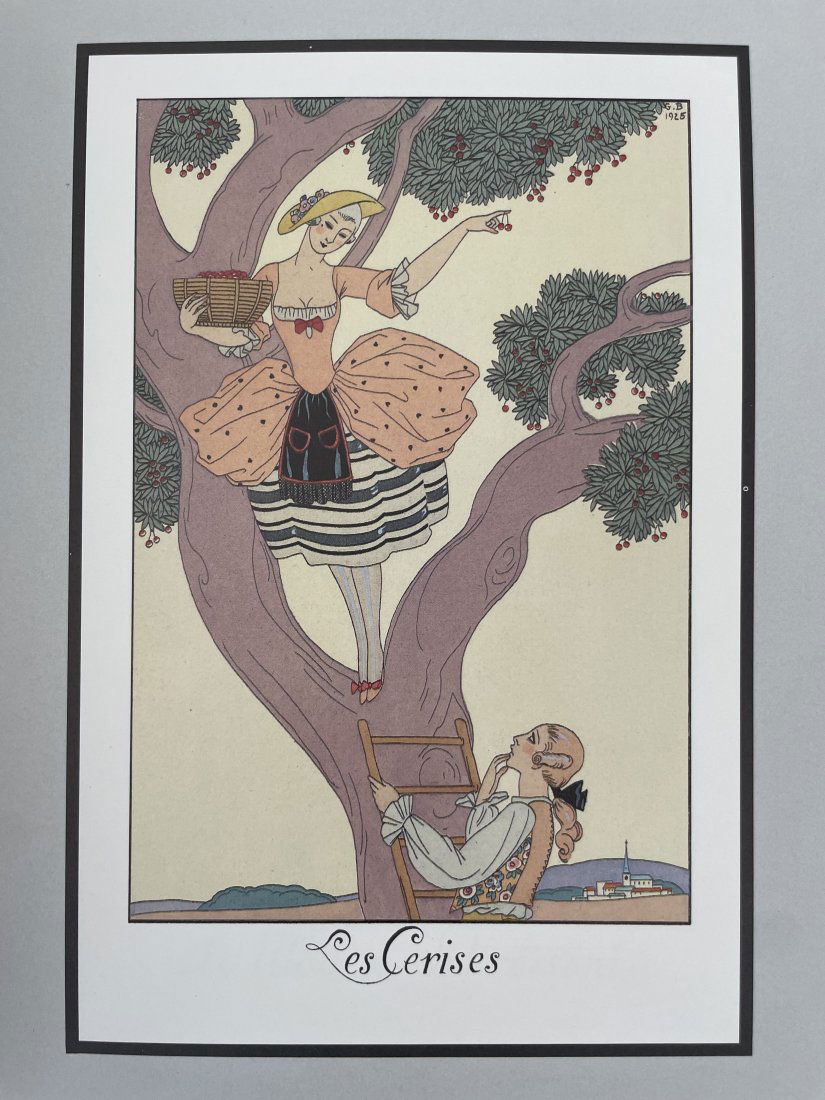 "The cherries" : graceful Art Deco illustration of George Barbier.: Color illustration of high quality printing (size 21x14cm) based on papier mache (size 38x28cm). Georges Augustin Barbier (1882-1932) one of the most highly regarded illustrators Art Deco movement. Hi