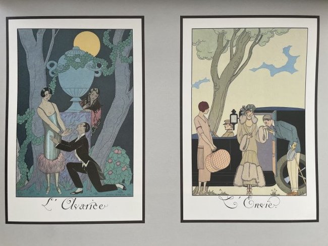 "Greed" & "Desire" graceful Art Deco illustration of George Barbier.: Two color illustrations of the highest quality printing (size 21x14cm) based on papier mache (size 38x28cm). Georges Augustin Barbier (1882-1932) one of the most highly regarded illustrators Art Deco