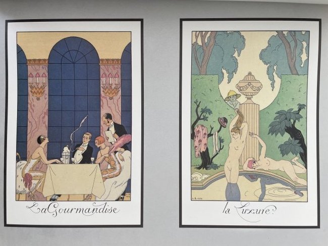 "The Gourmet" & "The Luxure" graceful Art Deco illustration of George Barbier.: Two color illustrations of the highest quality printing (size 21x14cm) based on papier mache (size 38x28cm). Georges Augustin Barbier (1882-1932) one of the most highly regarded illustrators Art Deco