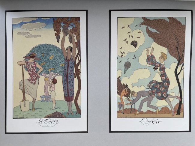 "I found" & "The air" magnificent works by Georges Barbier.: Two color illustrations of the highest quality printing (size 21x14cm) based on papier mache (size 38x28cm). Georges Augustin Barbier (1882-1932) one of the most highly regarded illustrators Art Deco