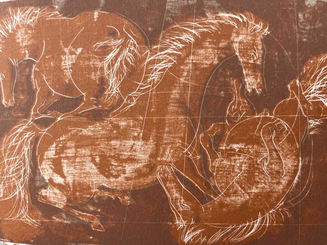 Hans Erni, Swiss painter (1909-2015). "TROIS CHEVAUX SUR SANGUINE".: No 1515. Hans ERNI "THREE HORSES ON SANGUINE". After the original lithography, edition Guilde de la Gravure. Editions Hedimot, Basel Switzerland. 1960. J.J.HUMMEL.