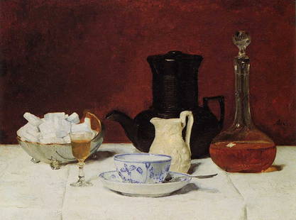 After Albert Anker Still Life Coffee and Cognac 1877: Swiss Made Fine Art from mid-century modern times, in the manner of the famous still life painting by Albert Anker (1831- 1910). The original is kept in the museum in Switzerland. Anker is without a d