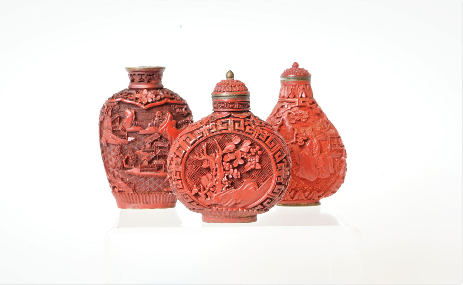 A Group of Qing Dynasty Red Lacqure Copper Snuff Bottles(3 pieces).Qianlong Mark (1 of 12)