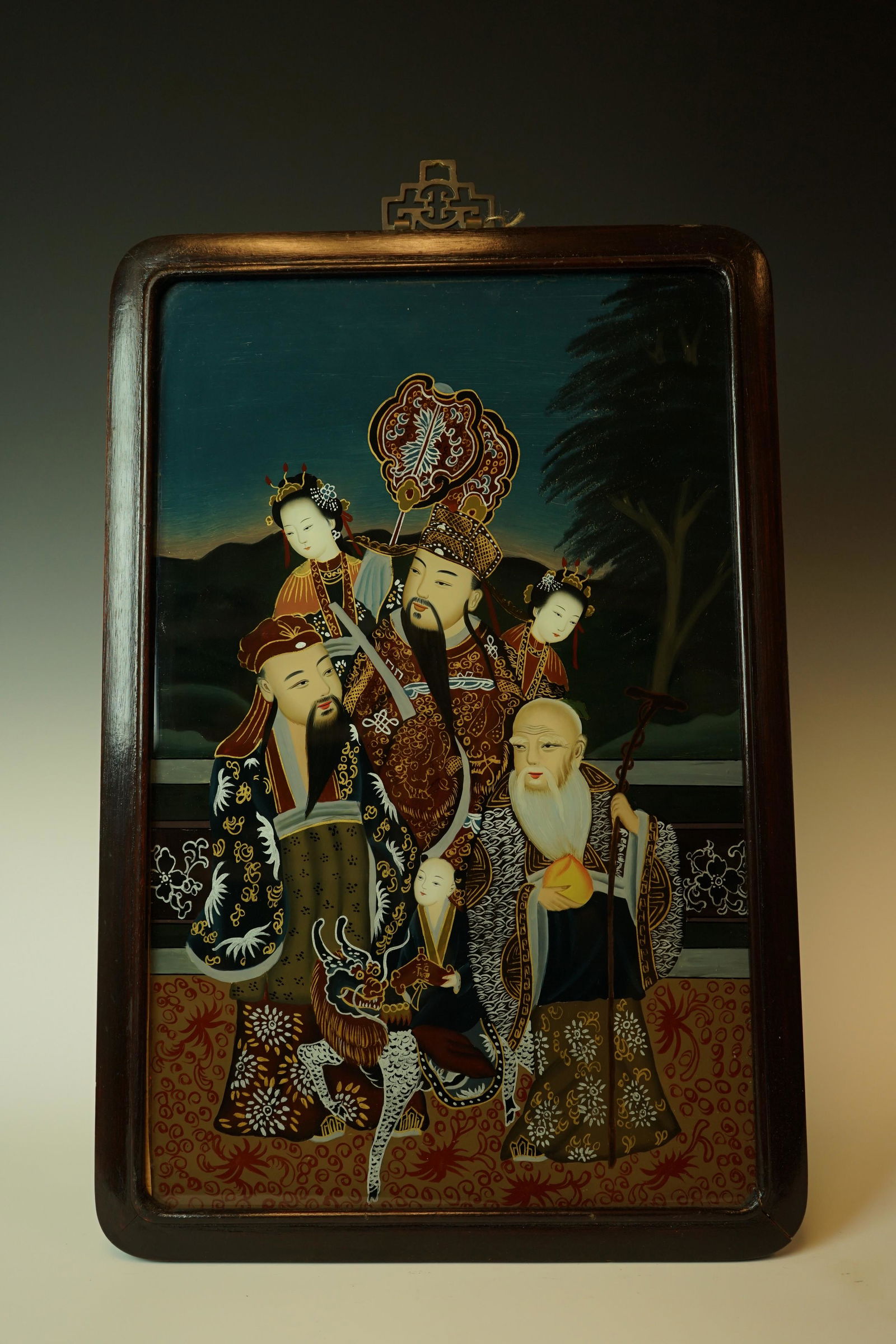 Reverse Painted Glass Painting of Three Immortals,FU LU SHOU,Republic Period (1 of 2)