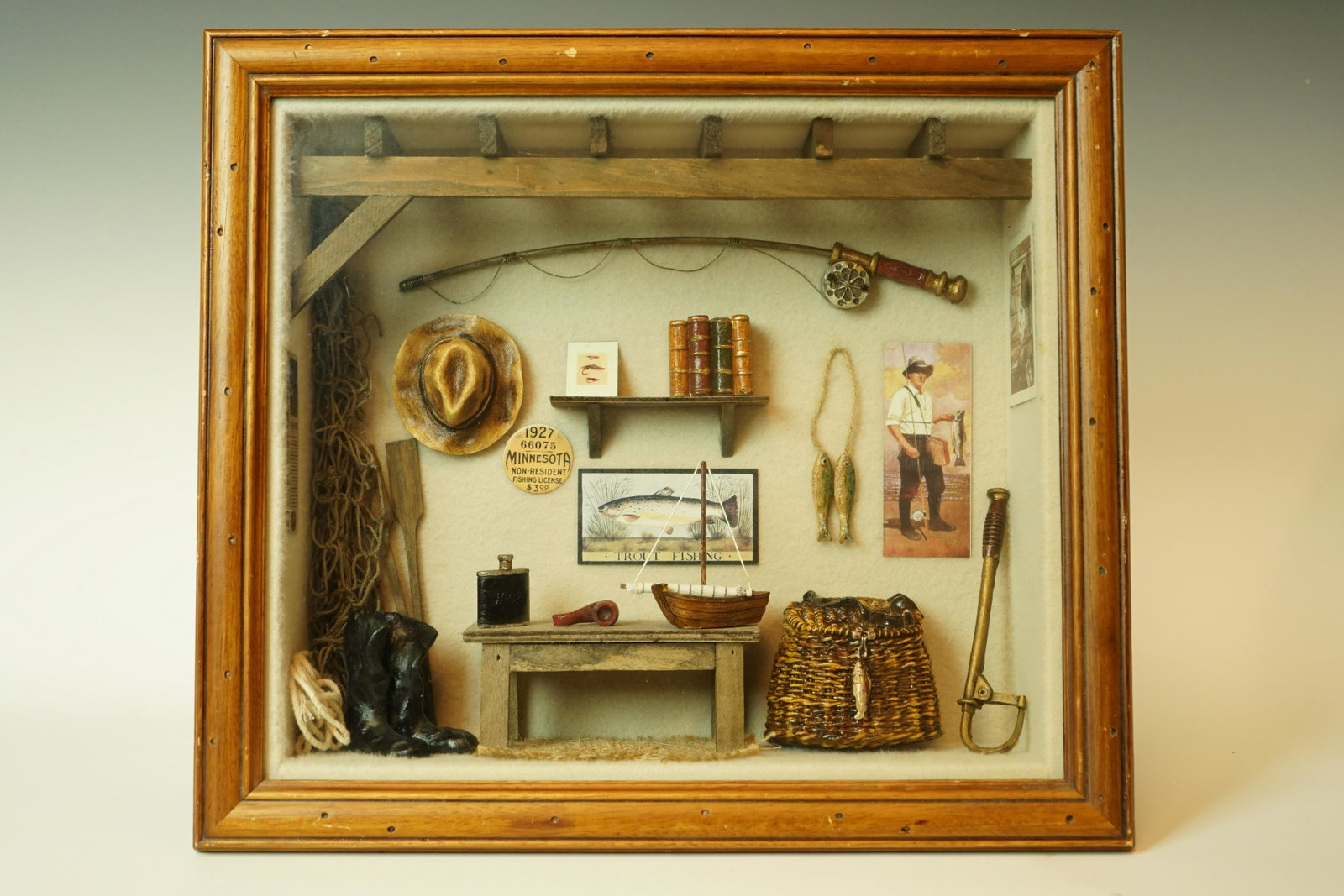 Rare Decor Fisherman Rustic Farm Shadow Box: Description · Title:Rare Decor Fisherman Rustic Farm Shadow Box · Origin: AMERICAN · Date/Period: 20C · Material: Multi Material · Size: Length: 15 1/2in/39.5cm Width: 13 3/4i
