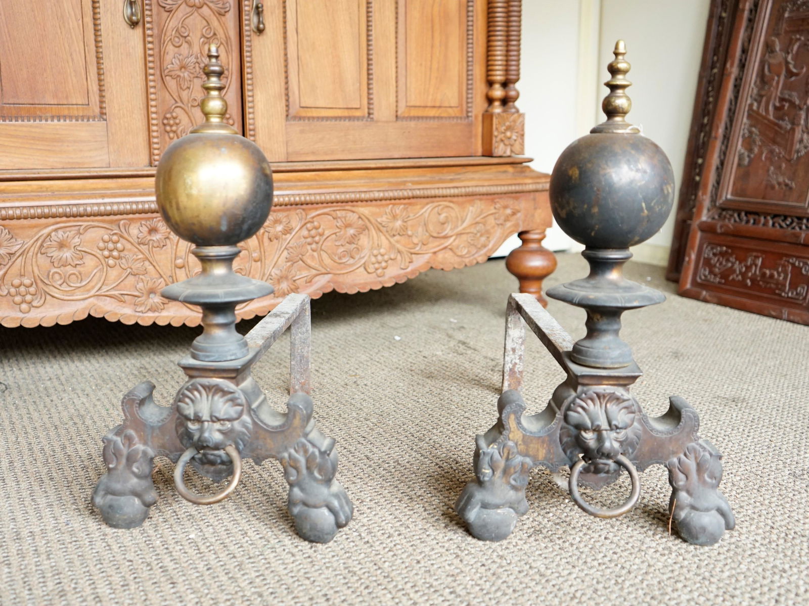 Antique 19th Century Pair of Brass Andirons (Fire Dogs) (1 of 5)