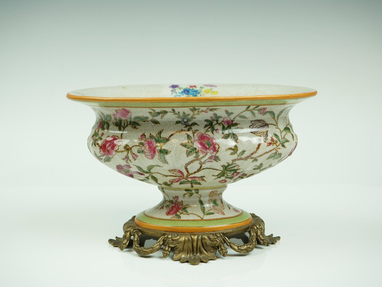 Vtg Porcelain Floral Compote Bowl Jardiniere Footed Mounted On Brass Centerpiece (1 of 6)