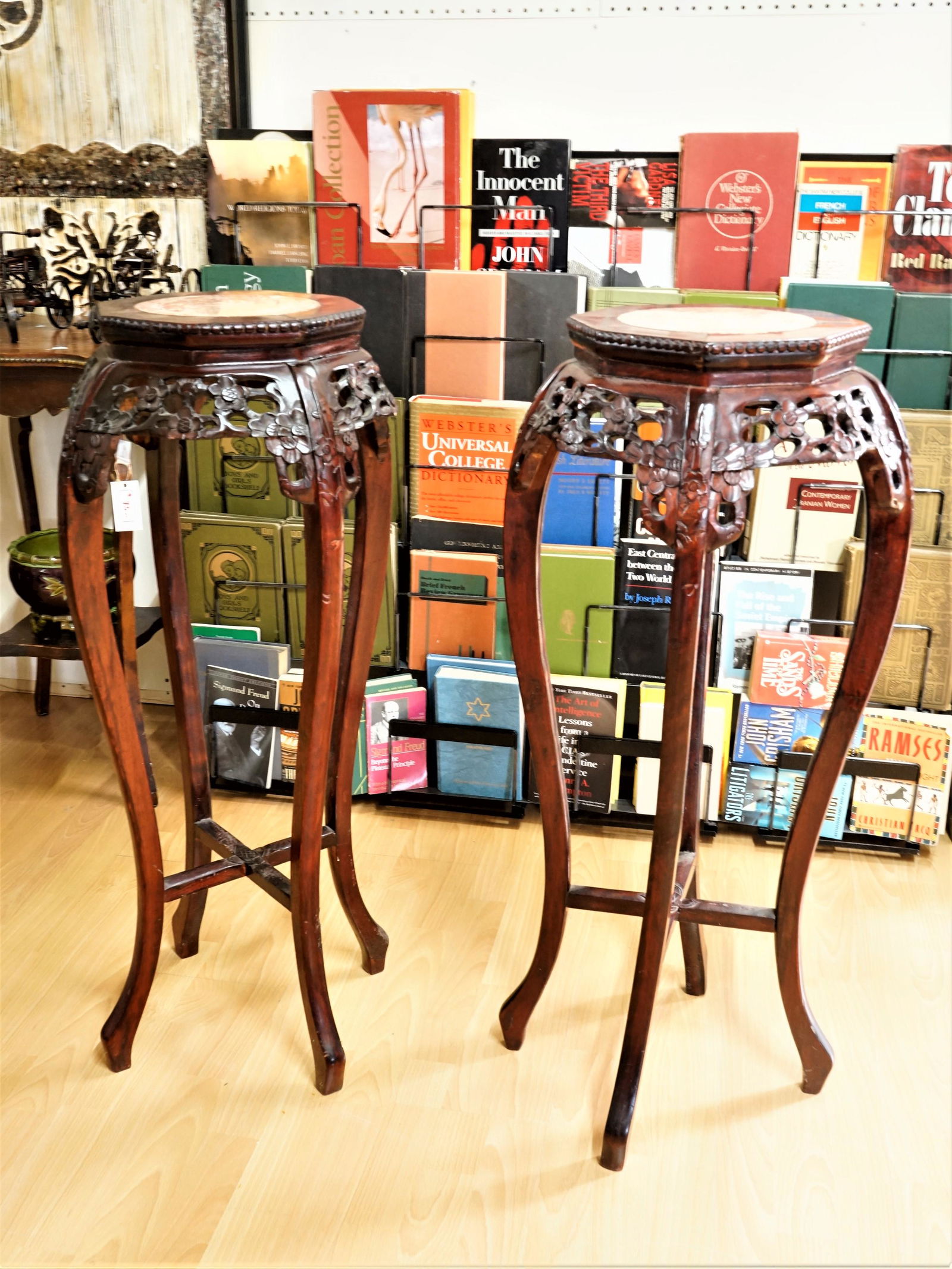 A Pair of Marble Inlaid Carved Mahogany Tall Pedestal Table (1 of 6)