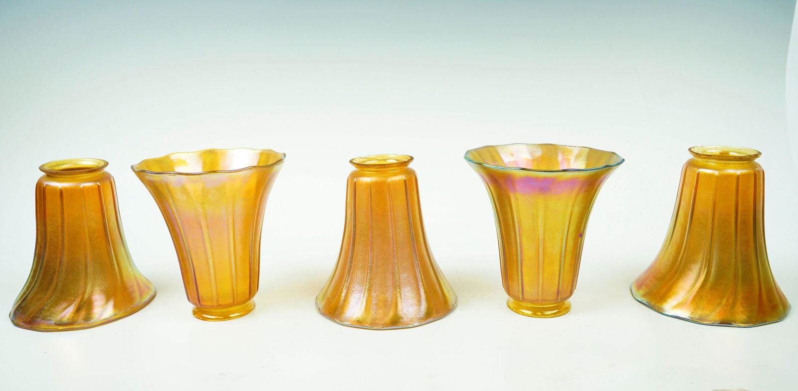 Set of Five Quezal Art Gold Iridescent Steuben Aurene Glass Lamp Shades (1 of 7)