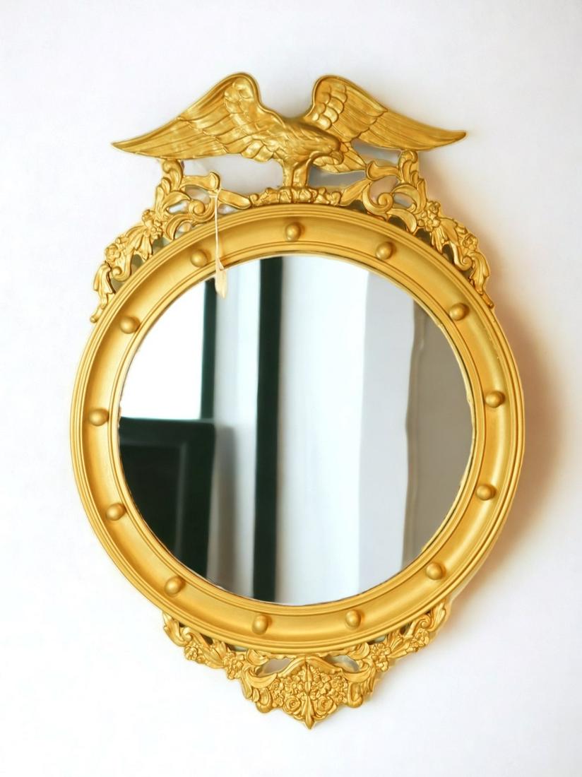 Gold Gold Eagle Wall Framed Convex Mirror,1960s: Origin: USA Date/Period: 20th.c Material:Spelter Approximate Size: Length :31in Width:22in LUXUR FINE ART AUCTION attempts to check every lot correctly, we will attempt to point out any defects as muc