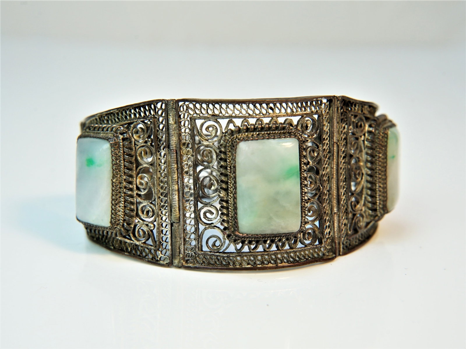 A Chinese Export Green Jade Silver Plated Bracelet (1 of 7)