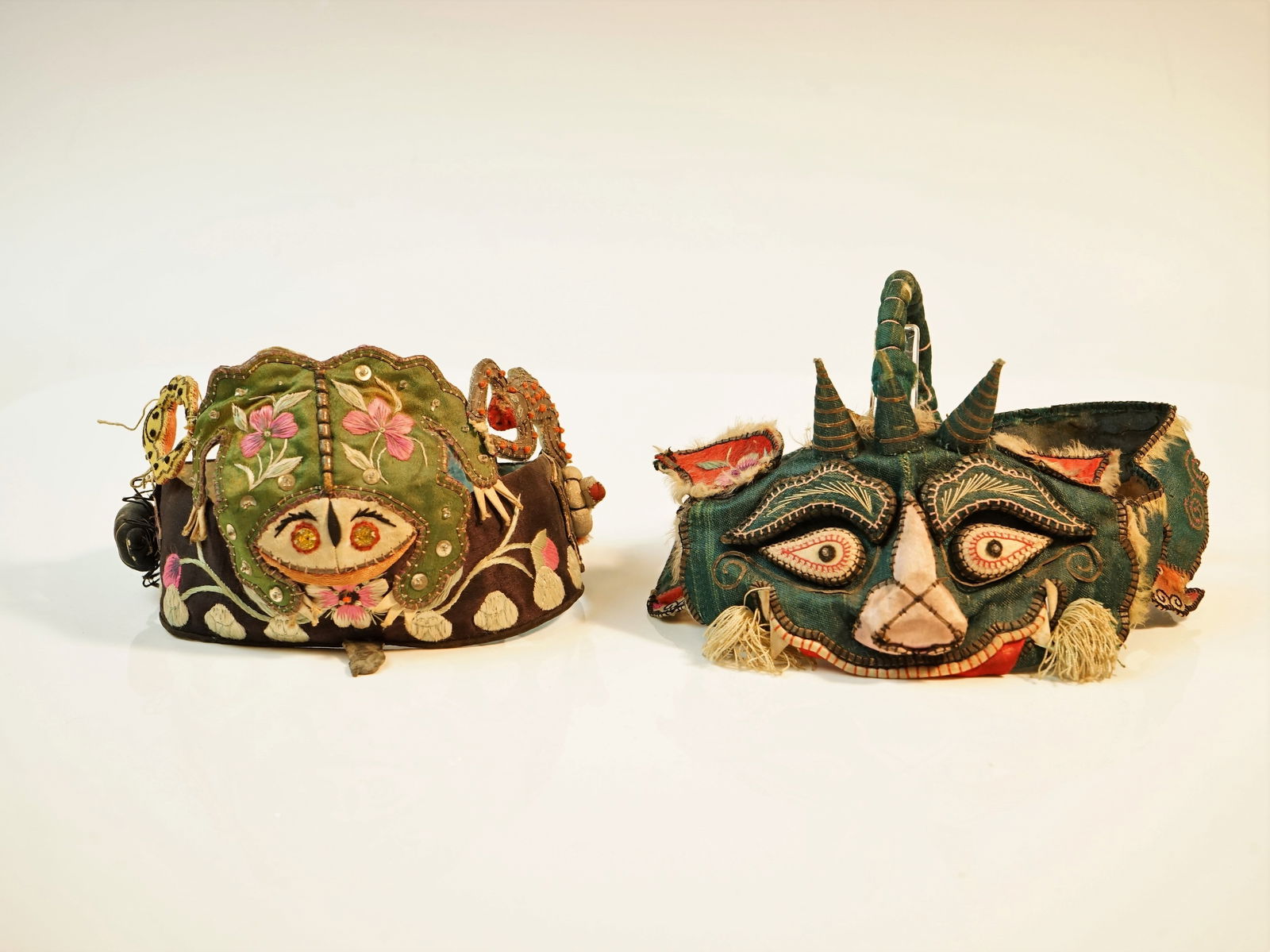 Two Antique Silk Embroifered Children's The Five Poisonous Creatures Hats: Origin:China Date/Period:19th.c Material:Silk Approximate Size:Diameter:7in Additional Information:In the late Qing Dynasty, The five poisonous creatures (scorpion, viper, centipede, house lizard and