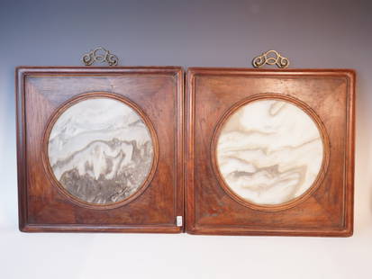 Qing dynasty pair of individual chinese marble "dream stones": A pair of two individual late Qing Dynasty Chinese marble "Dream Stones" (dali stones) framed in fitted square hardwood frames of mortise and tenon construction without nails with shaped metal hangers