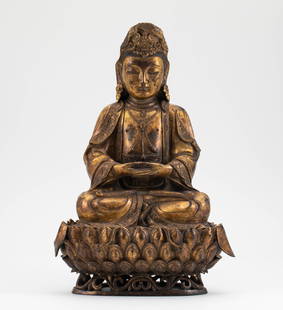 A ming dynasty gilt and lacquered bronze bodhisattva figure on double lotus throne,chinese, 17th: Shipping: We offer in-house shipping services for most small items. This means that we will take care of packing and shipping the items directly to you. For larger or specialized items, we recommend u