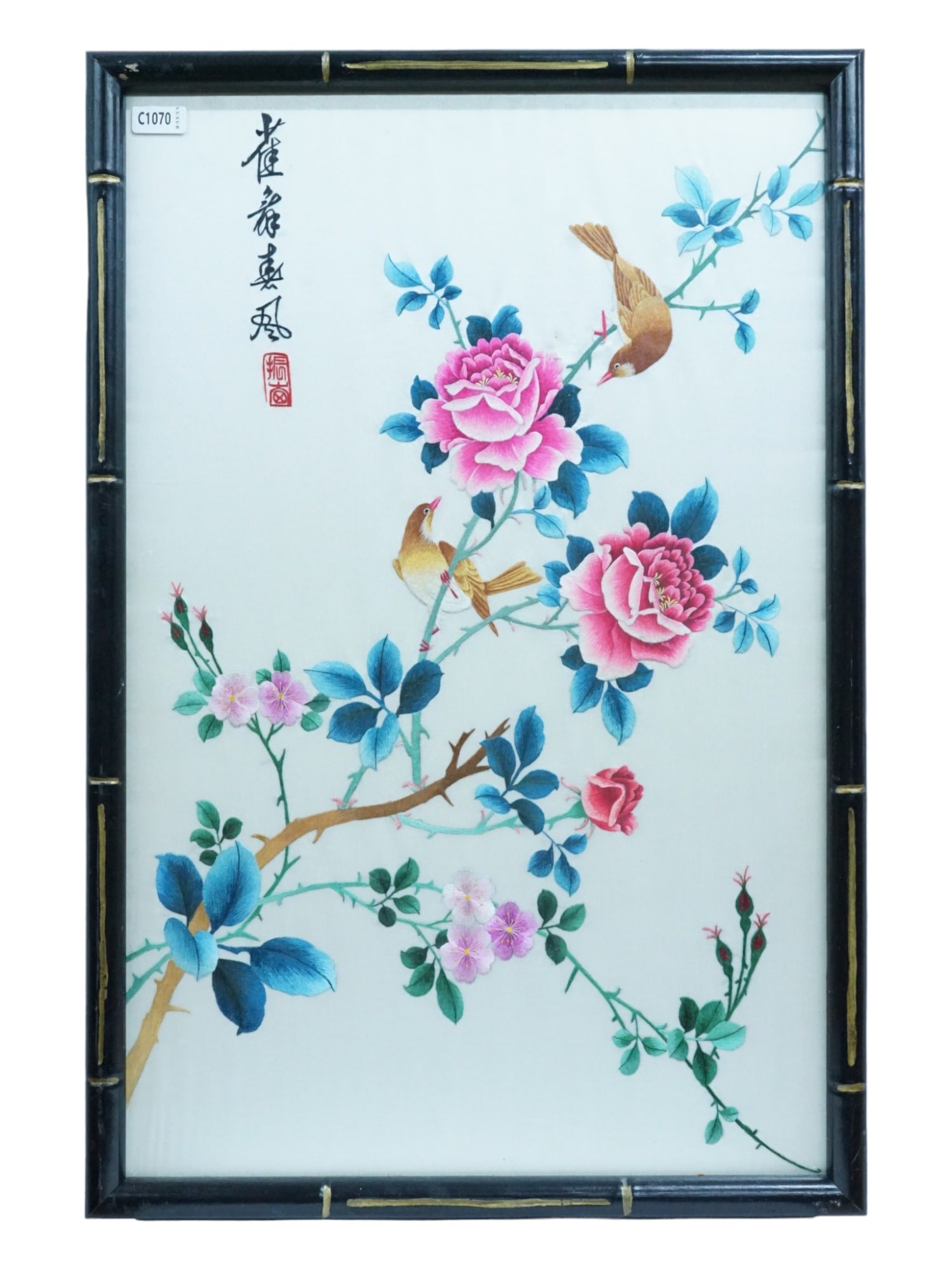 Chinese colorful chinoiserie embroidered silk textile panel (1 of 3)