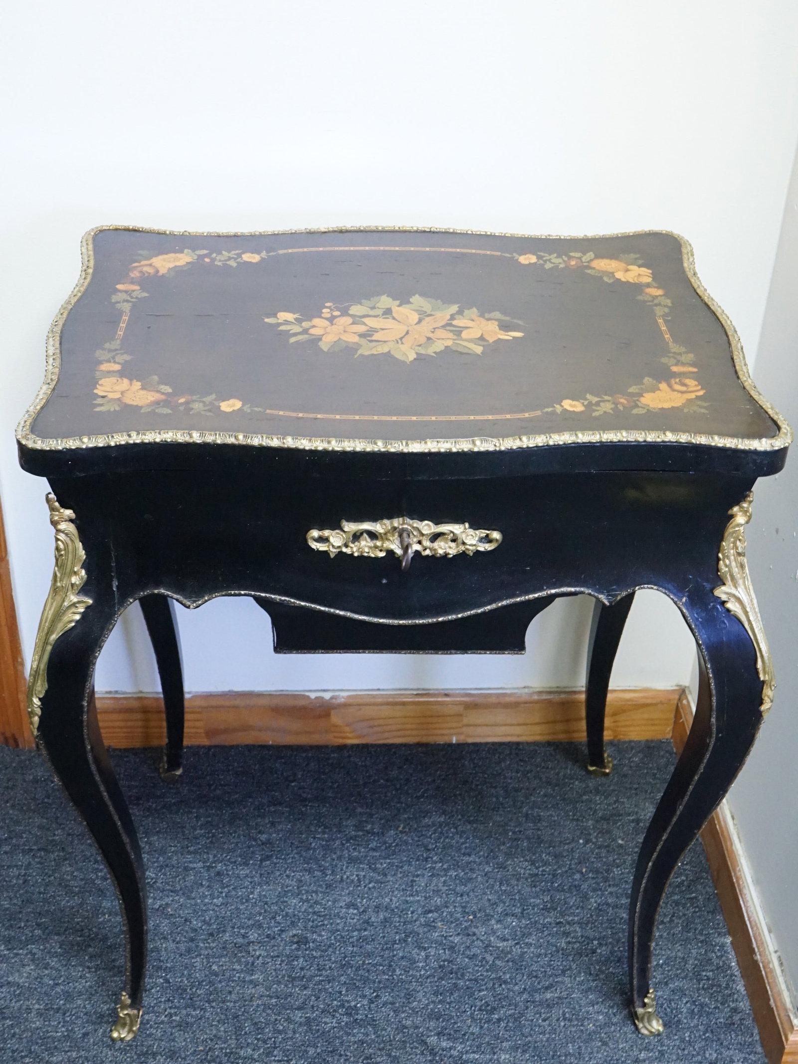 Veneer And Brass Sewing Table Decorated of Wild flowers: Shipping: We offer in-house shipping services for most small items. This means that we will take care of packing and shipping the items directly to you. For larger or specialized items, we recommend u