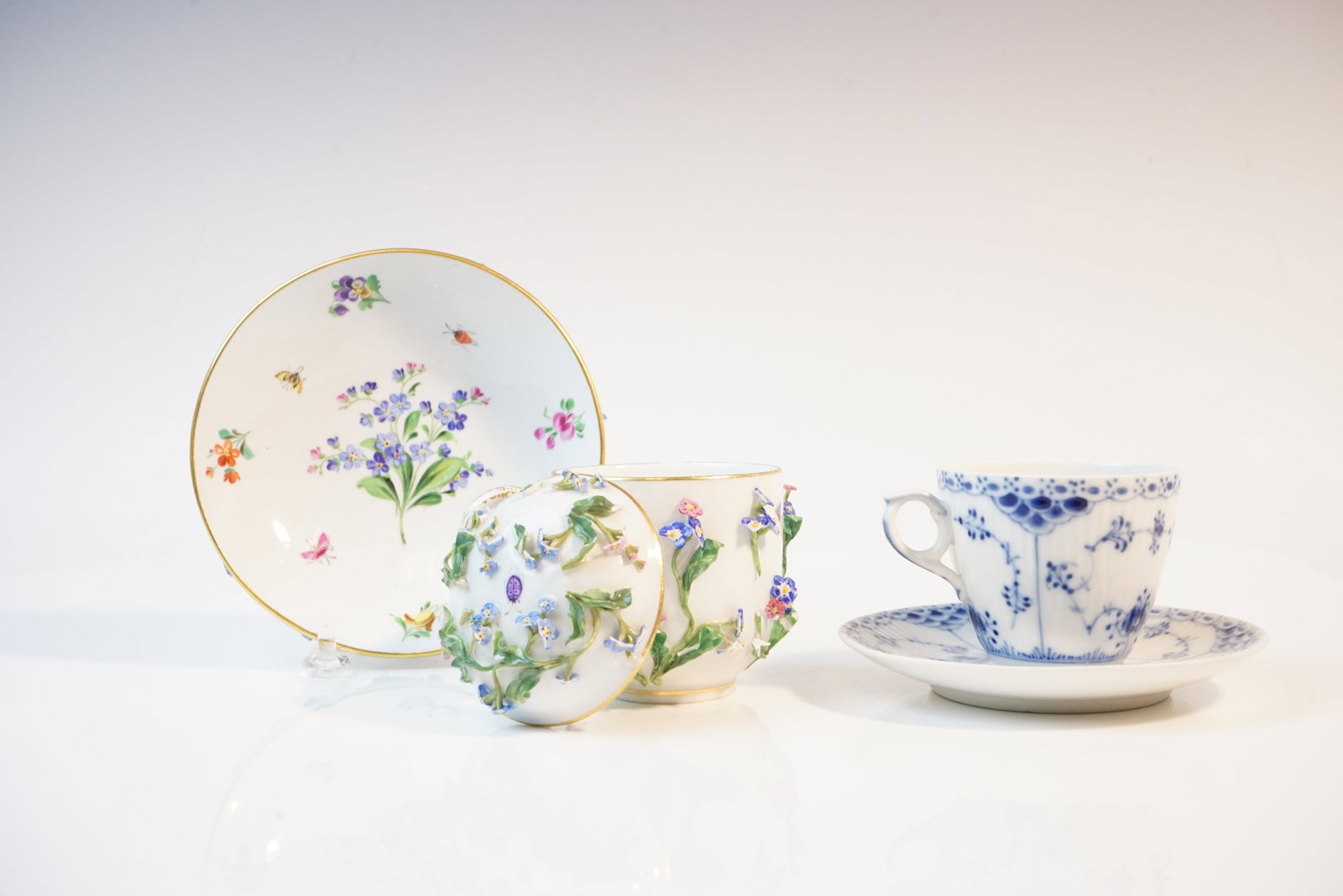 Meissen and Royal Copenhagen Porcelain Floral Encrusted Cups And Saucers, As Is: Shipping: We offer in-house shipping services for most small items. This means that we will take care of packing and shipping the items directly to you. For larger or specialized items, we recommend u