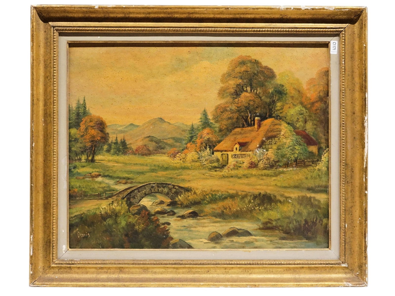 Vintage Oil Painting on Canvas Landscape With House, Bridge. Signed Lower Left (1 of 3)