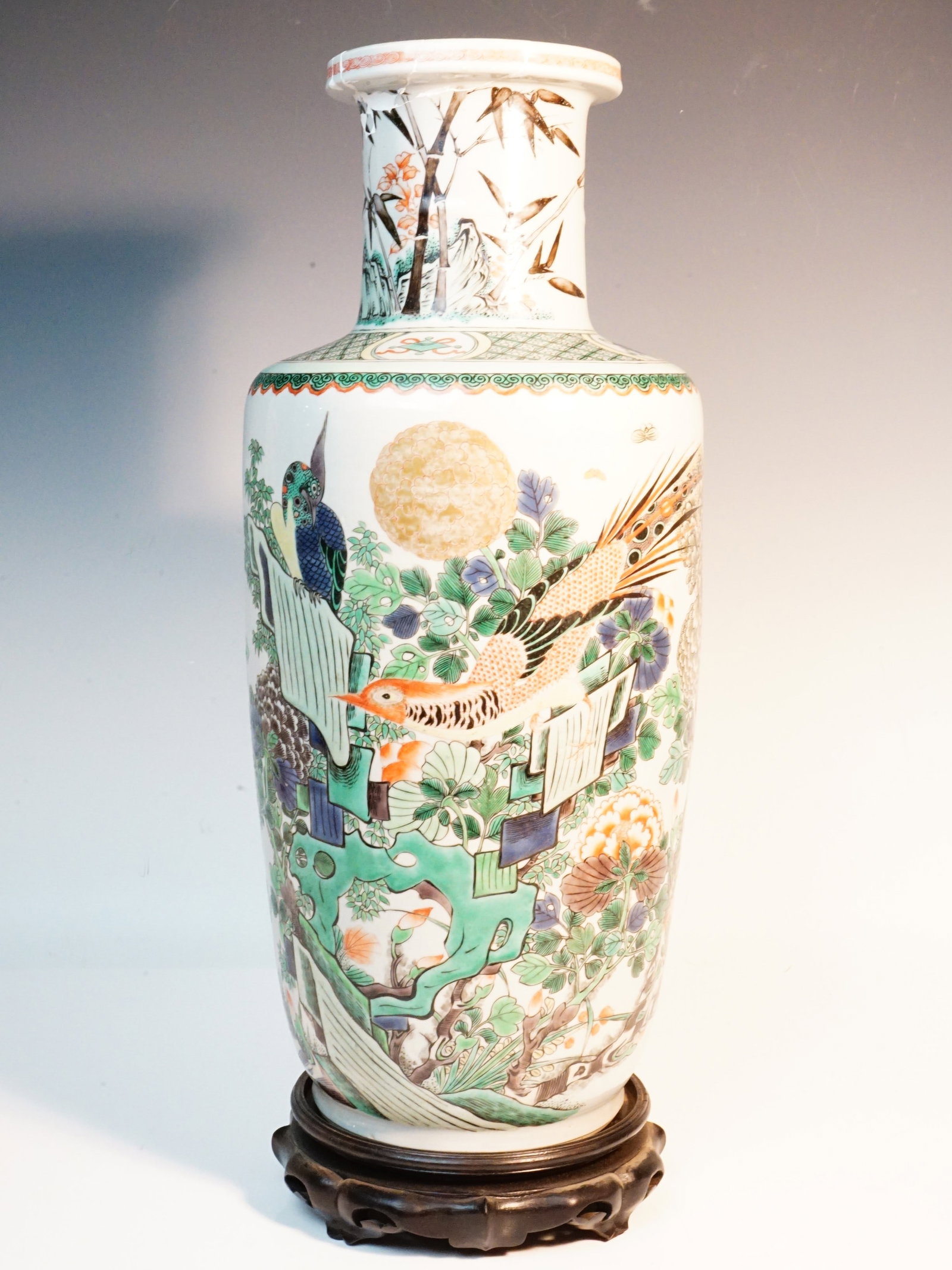 Chinese Famille Verte Rouleau Vase  with Wood Stand, 19th Century (1 of 13)