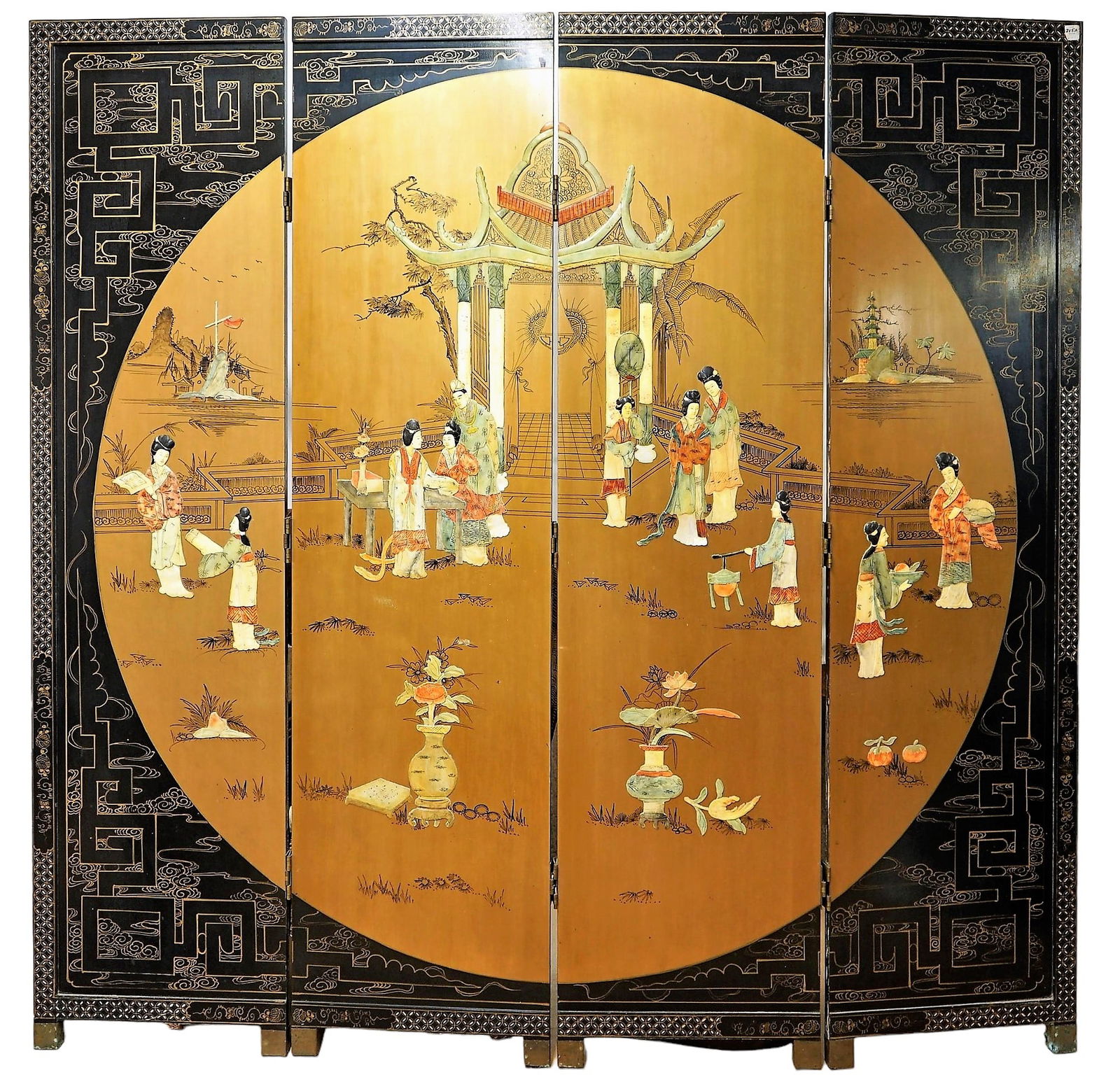 Chinese Screen Black Lacquered Four-Leaf Decorated With Colorful Characters In Relief (1 of 8)