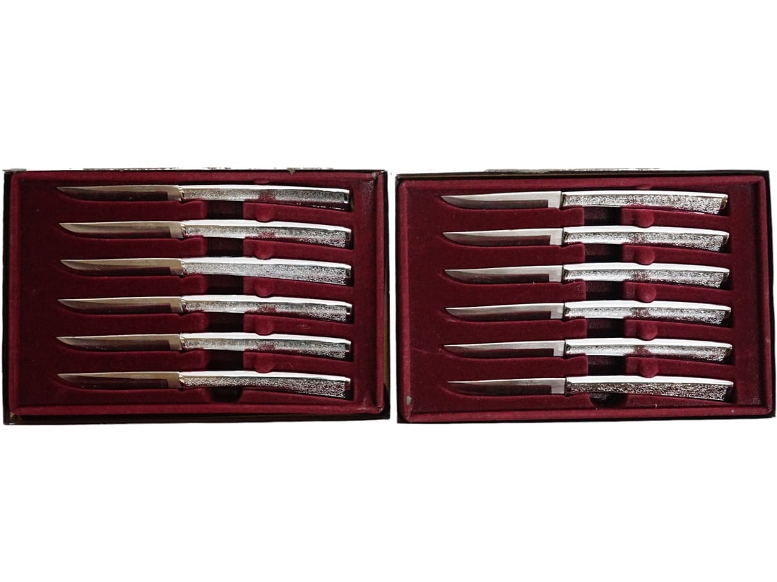 Two Sets Of Stainless Steel Steak Knives By Carvel Hall With Original Box,1986 (1 of 5)