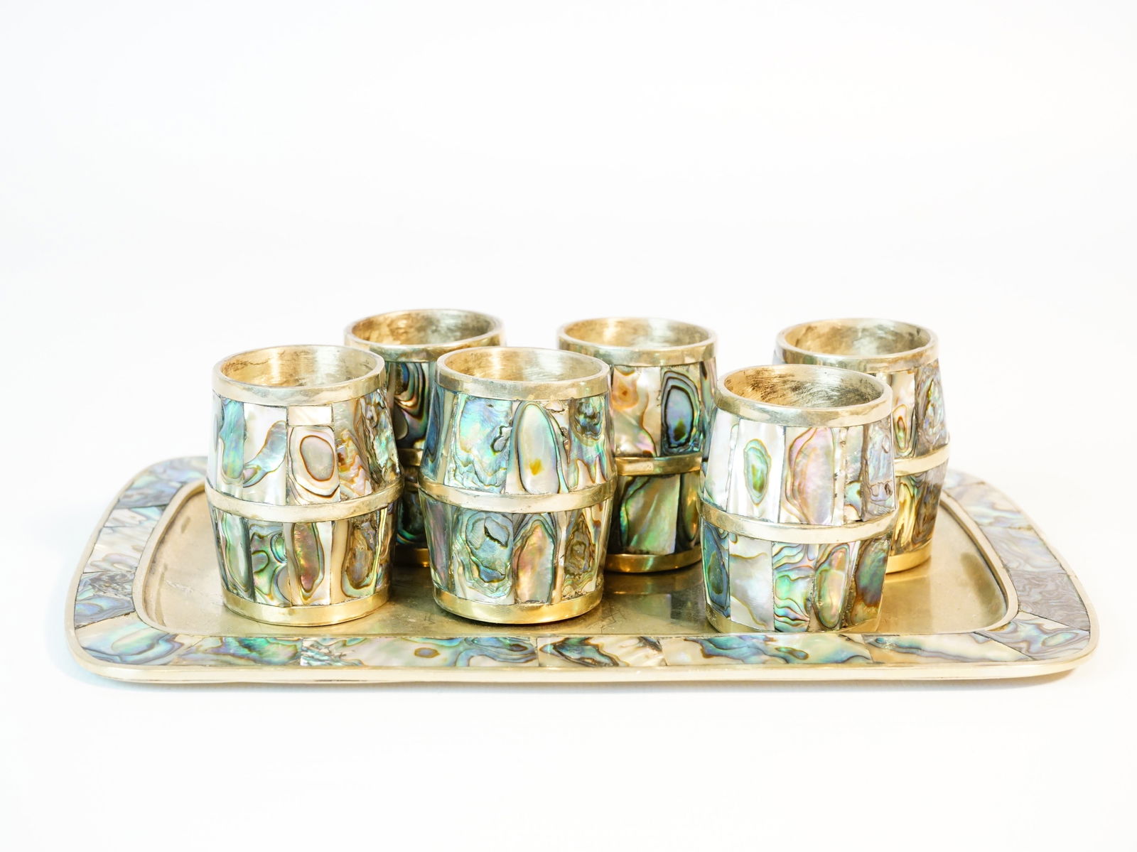 Antique taxco mexican brass and abalone shell coaster set with tray ~ set of 6 small cups,20th c (1 of 4)