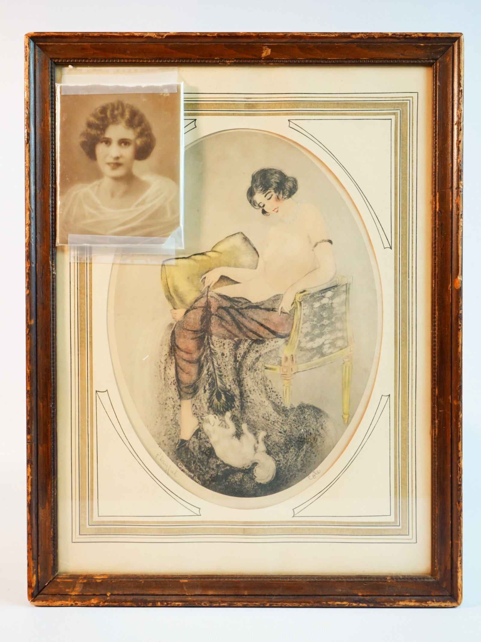 Vintage Framed Etching Nouveau Art Deco Woman and A Cat, Louis Icart Style,Early 20th c (1 of 7)