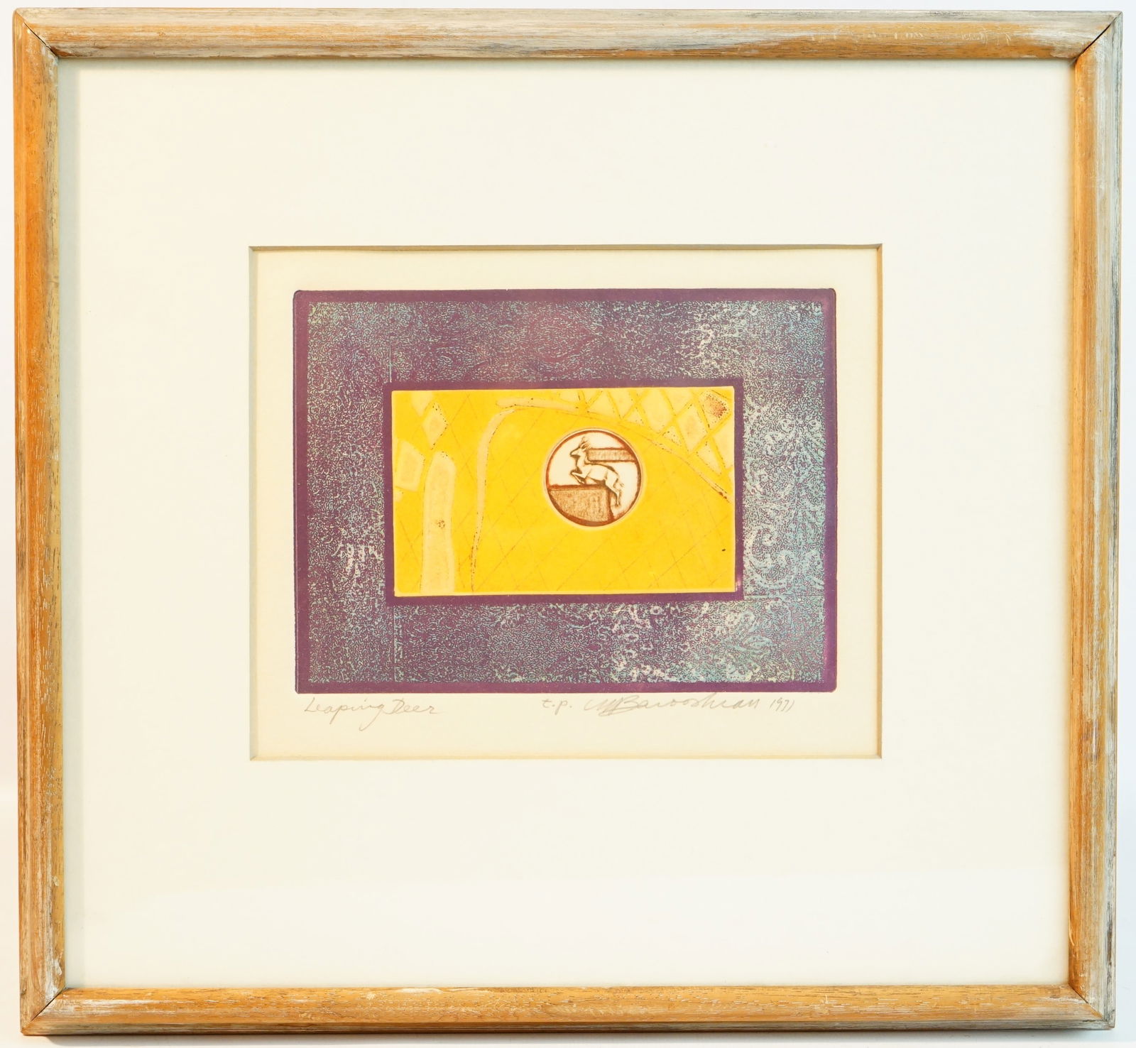 1971 Martin Barooshian (American,1929-2021)Embossed Color Intaglio Etching, Leaping Deer (1 of 3)