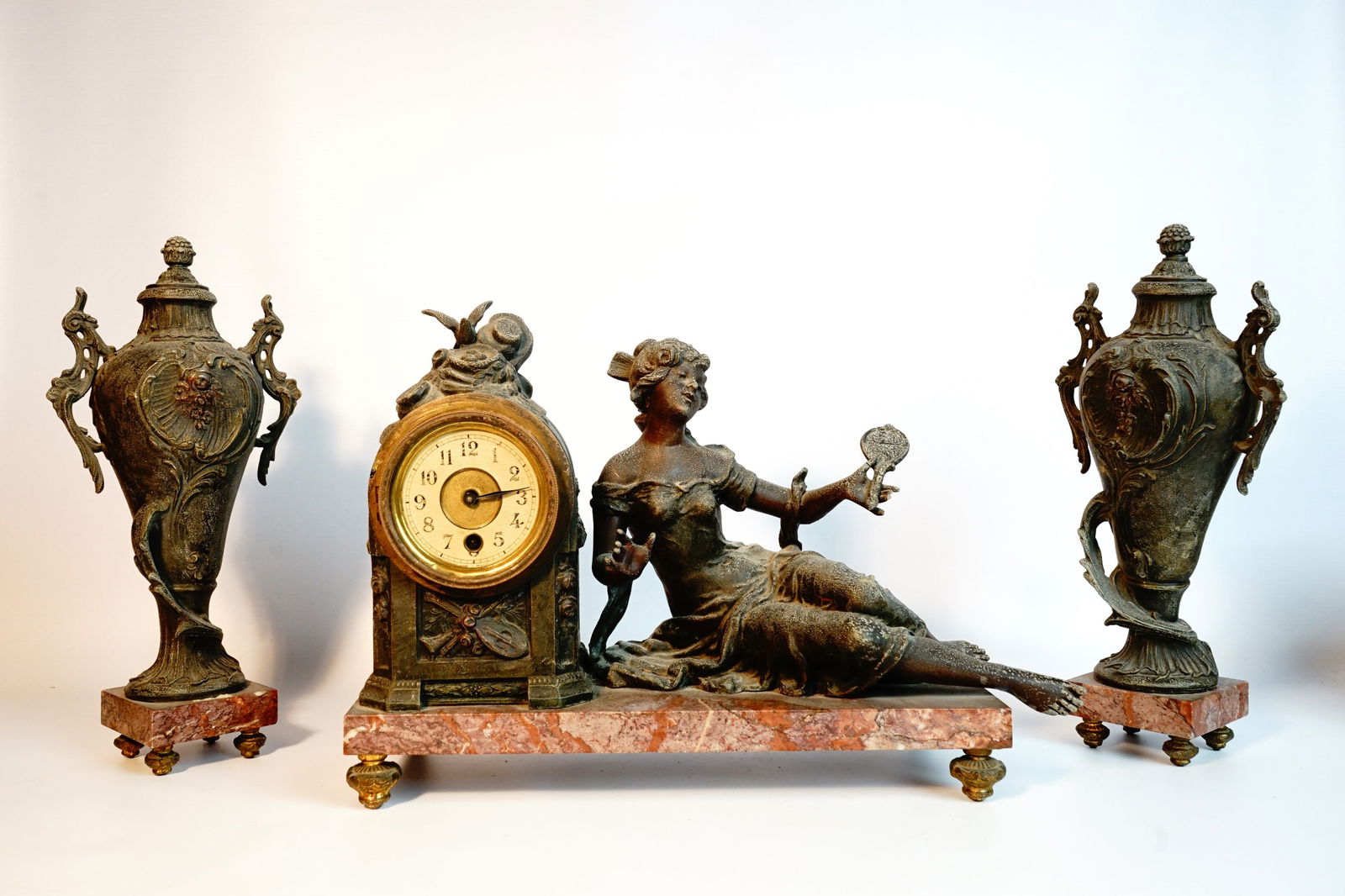 French Mantel Clock With Girl Statue and Two Urns,19th C (1 of 7)