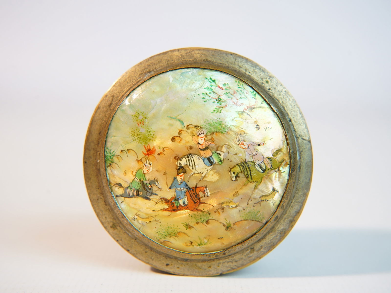 Vintage Persian Hand Painted Metal Snuff Box  With Mother-of-Pearl Cover (1 of 6)