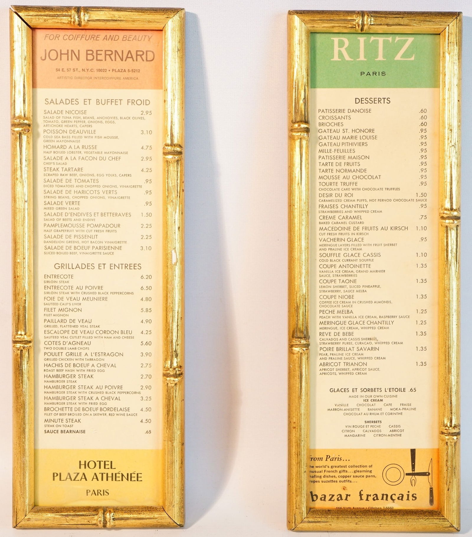 2 Vintage Paris Hotel Restaurant  Menus With Wooden Frames,Wall Art (1 of 3)