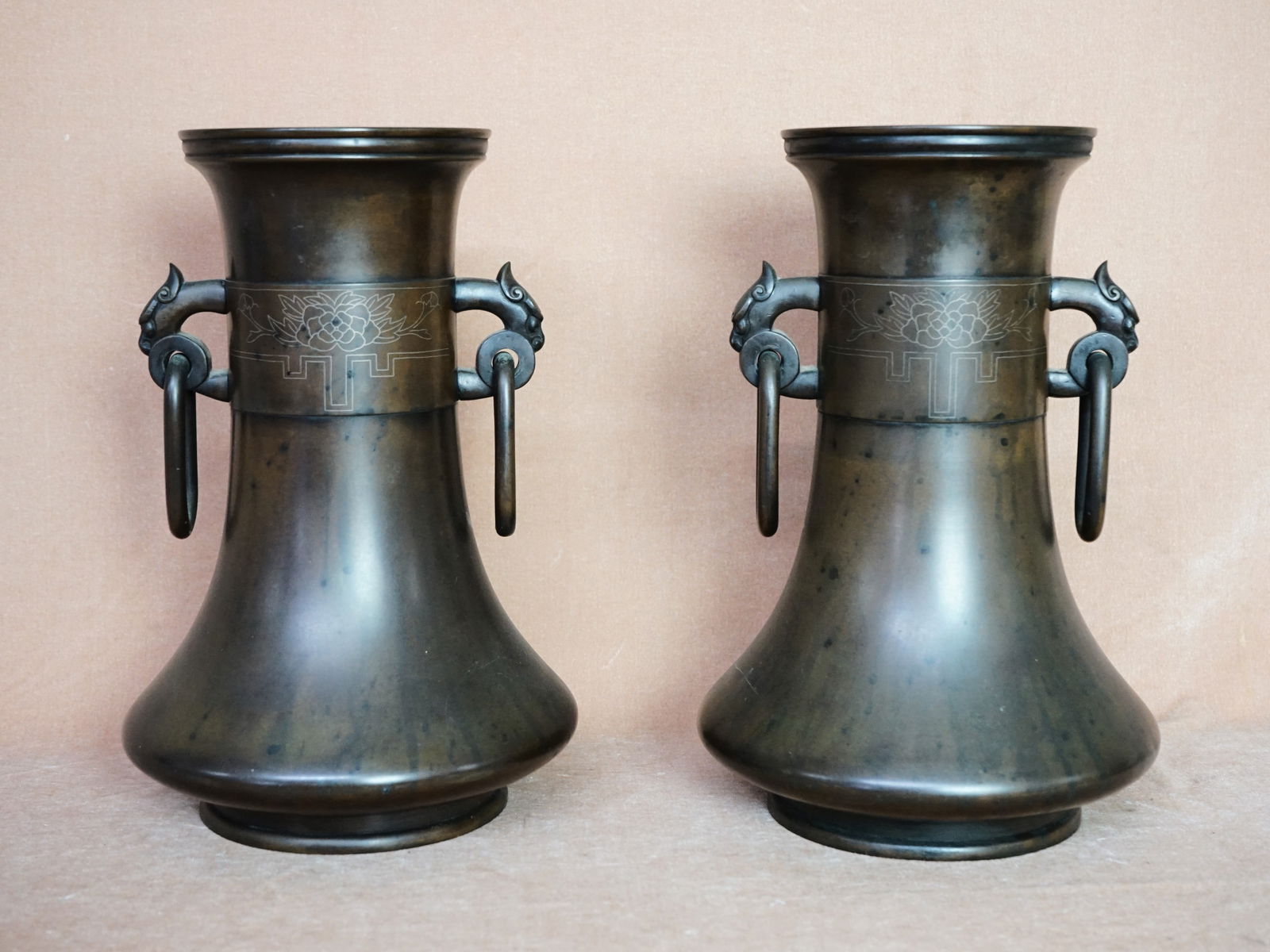 Pair of Japanese Bronze Vases with Silver  Inlay (1 of 8)