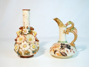 Majolica Floral Ceramic Decanter and Robert Hanke Dragon Handle Pitcher