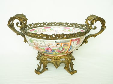 Chinese Export Rose Medallion Punch Bowl With Gilt-Bronze Mounts
