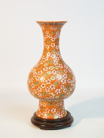 Fine Coral-Ground Famille Rose "Plum Bossom" Porcelain Vase