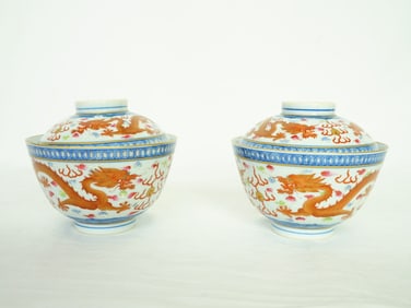 Pair of Chinese Blue and White and Iron-Red Decorated 'Dragon' Teabowls and Covers,20th Century