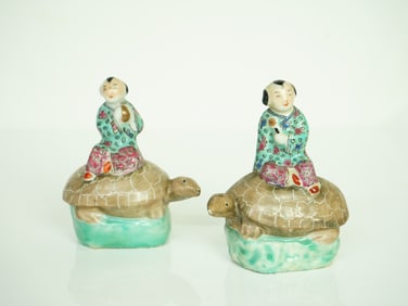 Pair of Chinese Export  Figures  of   Boys Riding Turtle