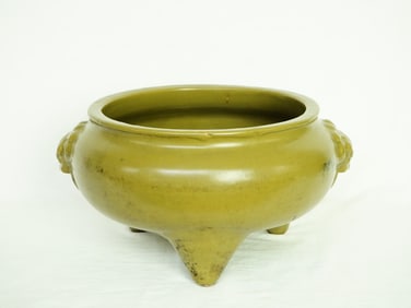 Large Chinese Teadust-Glazed Tripod Censer
