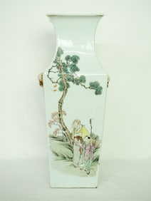 Chinese Inscribed 'Qianjiang' Enameled 'Figural' Quadrangular Vase