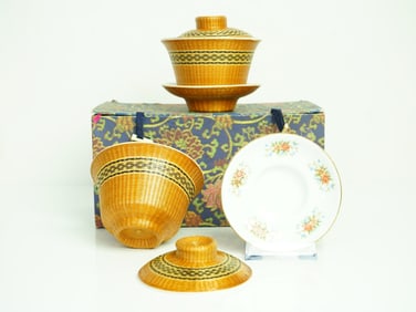 Pair of Chinese Woven Bamboo and Porcelain Covered Teacups