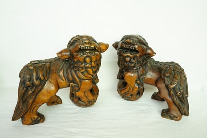 Pair of   Chinese Carved  Wood Foo Dogs